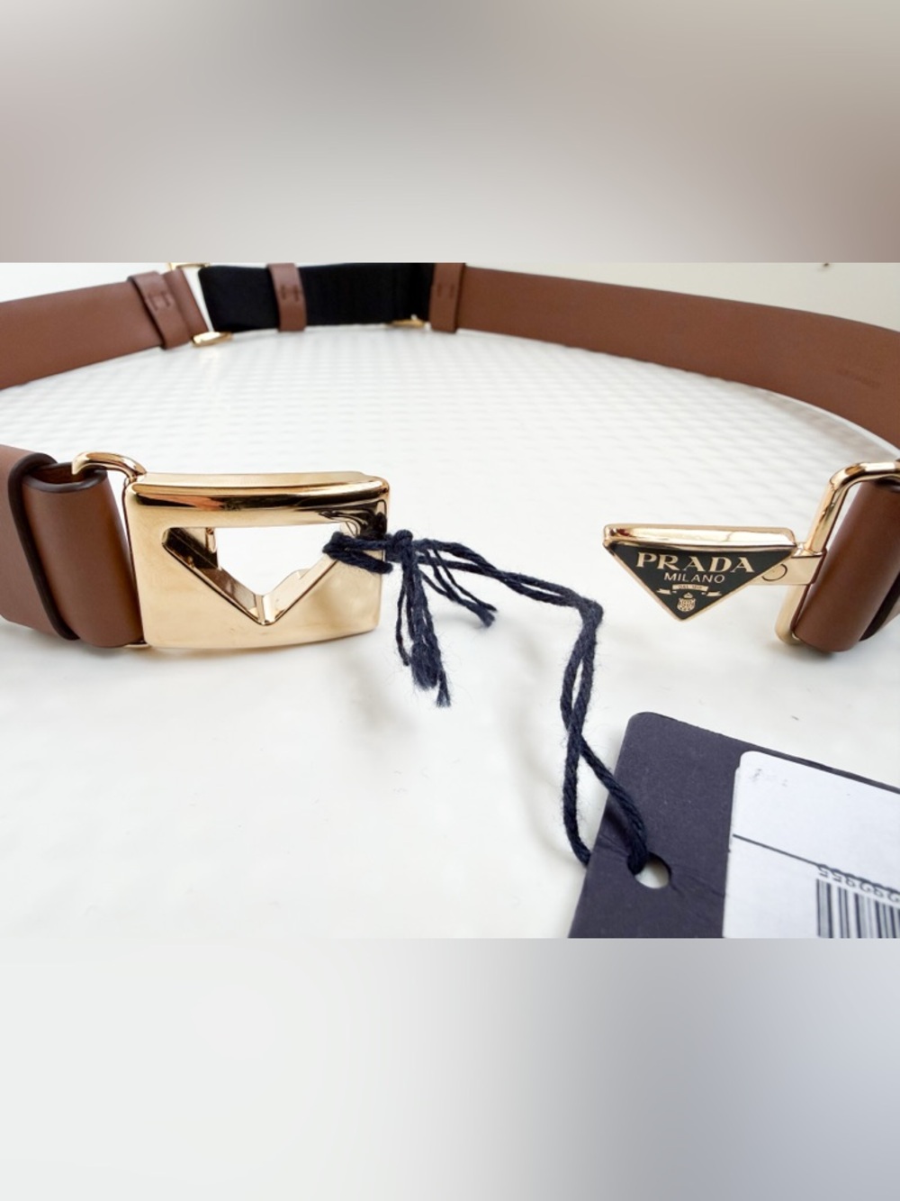 NWT Prada Leather Belt with Enameled Metal Triangle Logo (City Calf) in Cognac - Picture 11 of 14